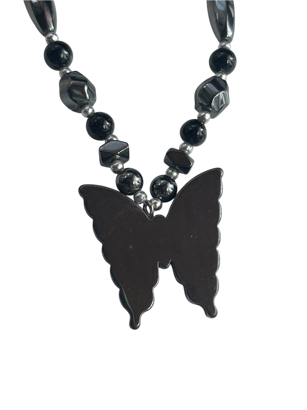 Carved Hematite Butterfly Pendant Statement Necklace - Picture 9 of 10
